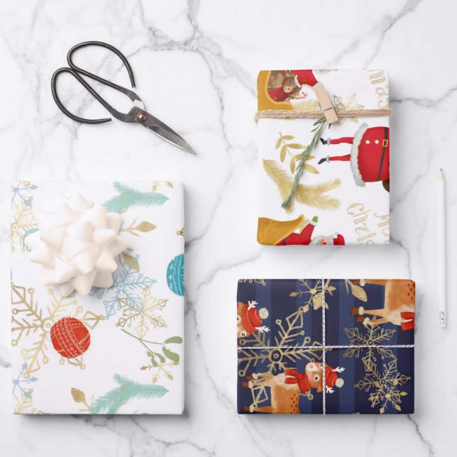 Snow Reindeer And Santa Christmas Holiday Pattern Wrapping Paper Sheet (Front)