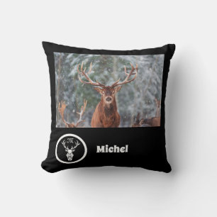 Snow Reindeer Monogram Photo Name Cushion