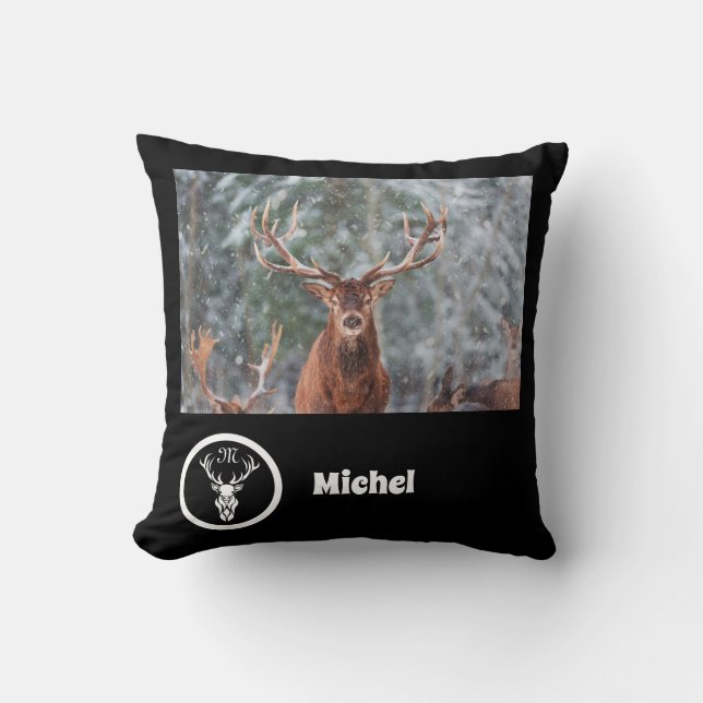 Snow Reindeer Monogram Photo Name Cushion (Front)