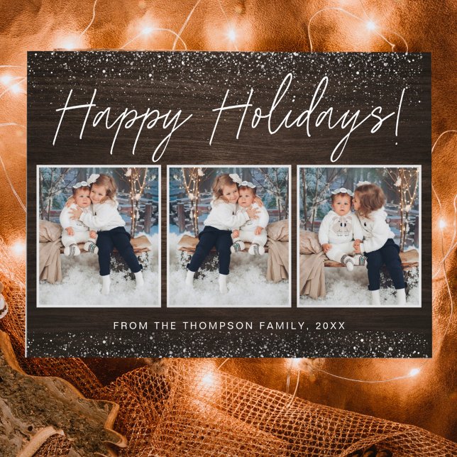 Snow & Rustic Wood Minimalist 3 Photo  Holiday Card (Creator Uploaded)