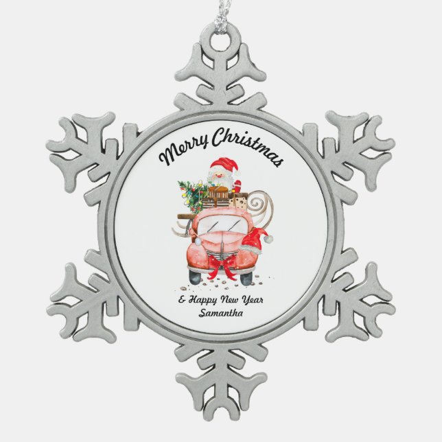 Snow Santa truck merry Christmas Snowflake Pewter Christmas Ornament (Front)
