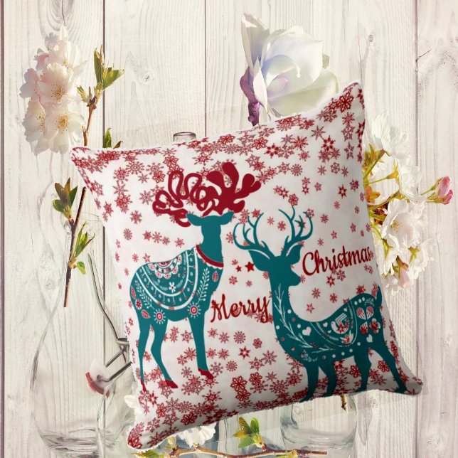 Snow Scandinavian Nordic Christmas Reindeer Couple Cushion (Creator Uploaded)