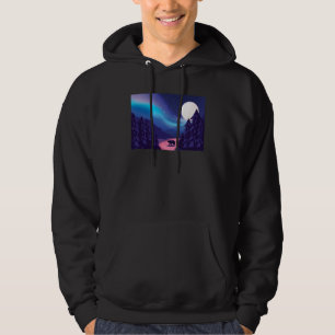 Snow Scene Polar Bear Silhouette w Moon and Aurora Hoodie