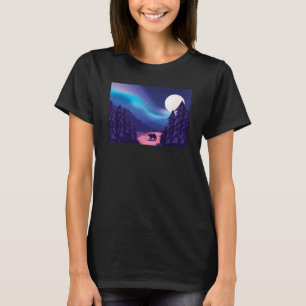 Snow Scene Polar Bear Silhouette w Moon and Aurora T-Shirt