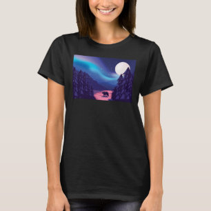 Snow Scene Polar Bear Silhouette w Moon and Aurora T-Shirt