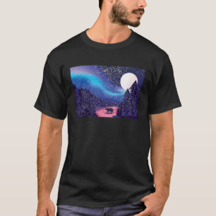 Snow Scene Polar Bear Silhouette w Moon and Northe T-Shirt