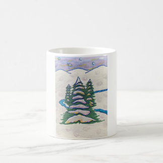 Snow scene River, Evergreens, Mountains, Stars Coffee Mug