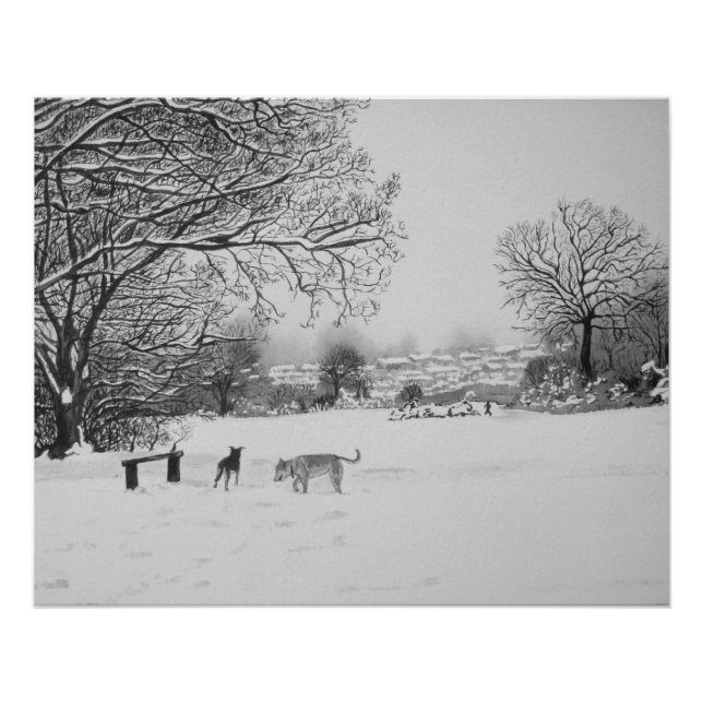 snow scene winter landscape with trees and dogs poster (Front)