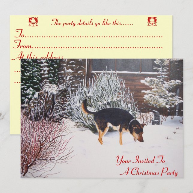 snow scene with cute black and tan dog christmas invitation (Front/Back)