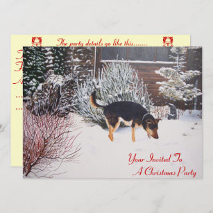 snow scene with cute black and tan dog christmas invitation