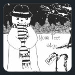 snow scene with cute snowman for Christmas Square Sticker<br><div class="desc">The stars a twinkling and the snow has fallen and this cute smiling snowman is looking at his stripy Christmas stocking in anticipation and hoping for Santa to drop by and fill it up with lots of special Christmas gifts. Mr snowman is wearing his best hat and scarf to make...</div>