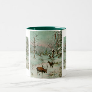 Snow scene with deer Two-Tone coffee mug