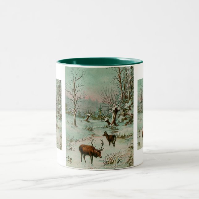 Snow scene with deer Two-Tone coffee mug (Center)