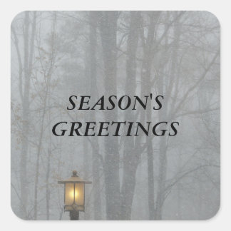 Snow Scene with Glowing Old Street Lamp Square Sticker