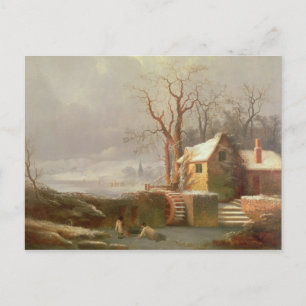 Snow Scene with Mill and Cottages Postcard