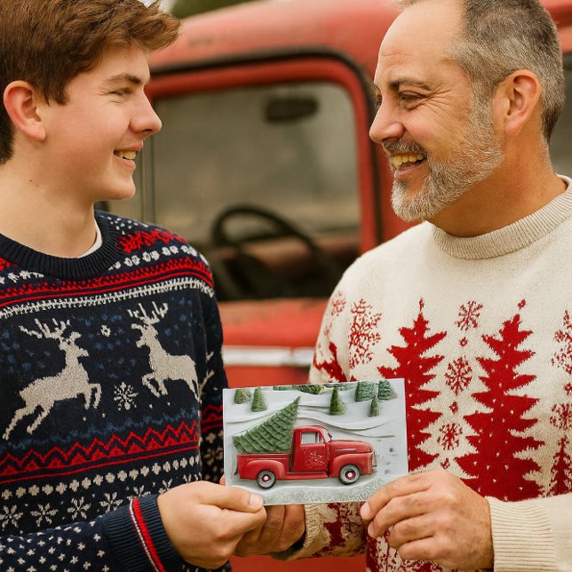 Snow Scene with Red Truck Christmas  Holiday Card (Red truck Christmas card for Dad or Grandpa perfect for sons, teens, and truck lovers.)