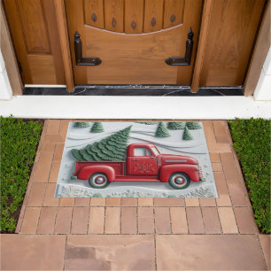 Snow Scene with Red Truck Door Mat