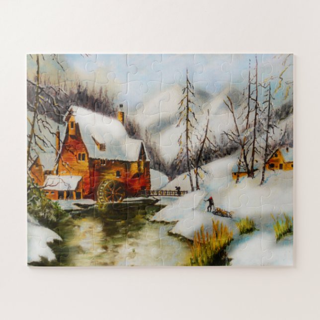 Snow scene with water wheel jigsaw puzzle (Horizontal)