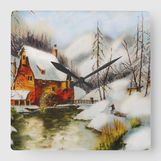 Snow scene with water wheel square wall clock (Front)