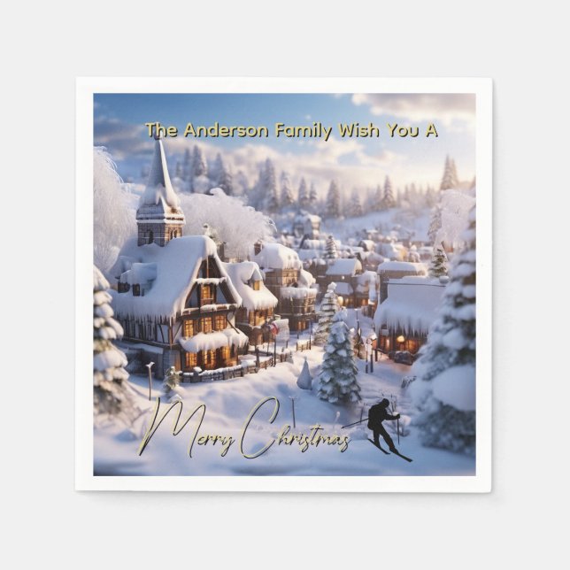 Snow ski chalets editable holiday greeting napkin (Front)