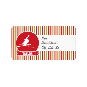 Snow Ski, Skiing, Red, Orange, Green Stripes Label