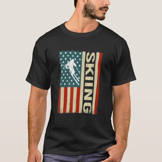 snow Skier and winter sports US Flag for snow skii T-Shirt (Front)