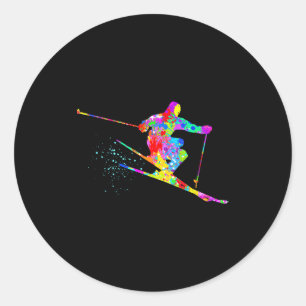 Snow skier cool rainbow art splatter winter skiing classic round sticker