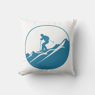 Snow Skier Skiing Down Rocky Mountains Blue and Wh Cushion