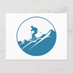 Snow Skier Skiing Down Rocky Mountains Blue and Wh Holiday Postcard