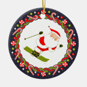 Snow Skiing Santa Ceramic Ornament