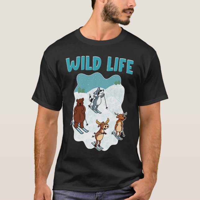 Snow Skiing  With Deer Racoon Moose Bear Skier T-Shirt (Front)