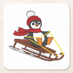 Snow Sledding Penguin Cute Animals Winter Square Paper Coaster