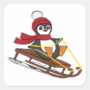 Snow Sledding Penguin Cute Animals Winter Square Sticker