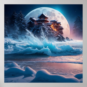 Snow Snowflakes, Full Moon with Beach Poster