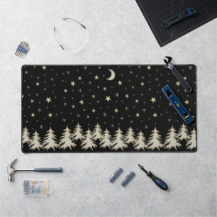 Snow Sparkly Christmas trees, stars, moon on black Desk Mat