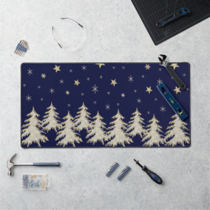 Snow Sparkly Christmas trees, stars on blue sky Desk Mat