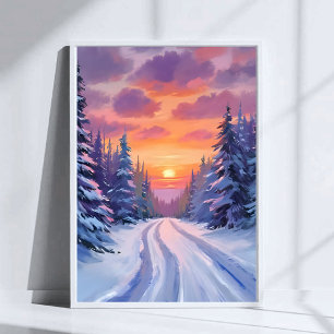 Snow Sunset Winter Mountain Landscape Poster
