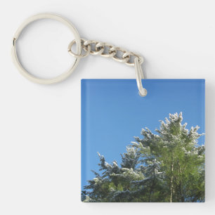 Snow-tipped Pine Tree on Blue Sky Key Ring