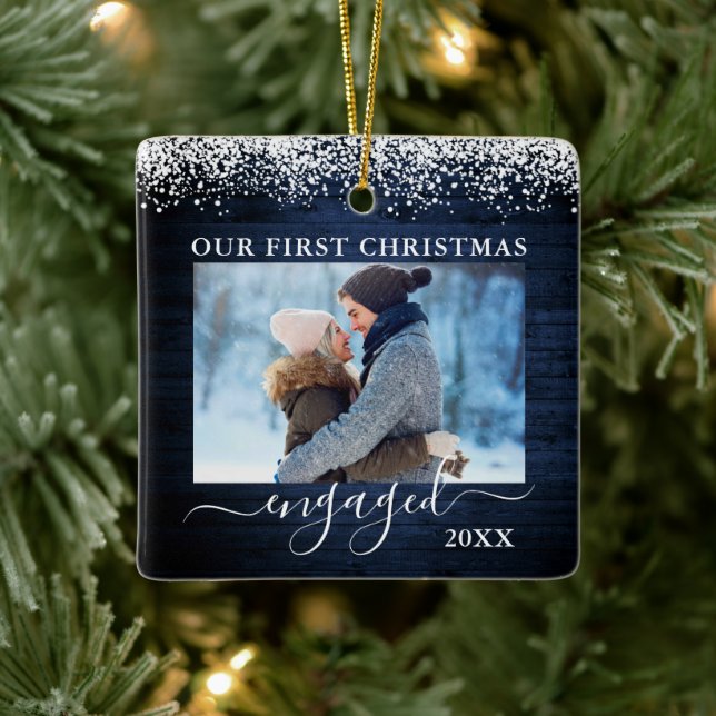 Snow Top Blue Wood First Christmas Engaged Photo Ceramic Ornament (Tree)