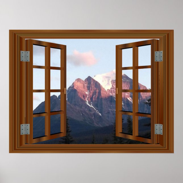 Snow-top Mountain 🍂 Brown Window Frame  Poster (Front)
