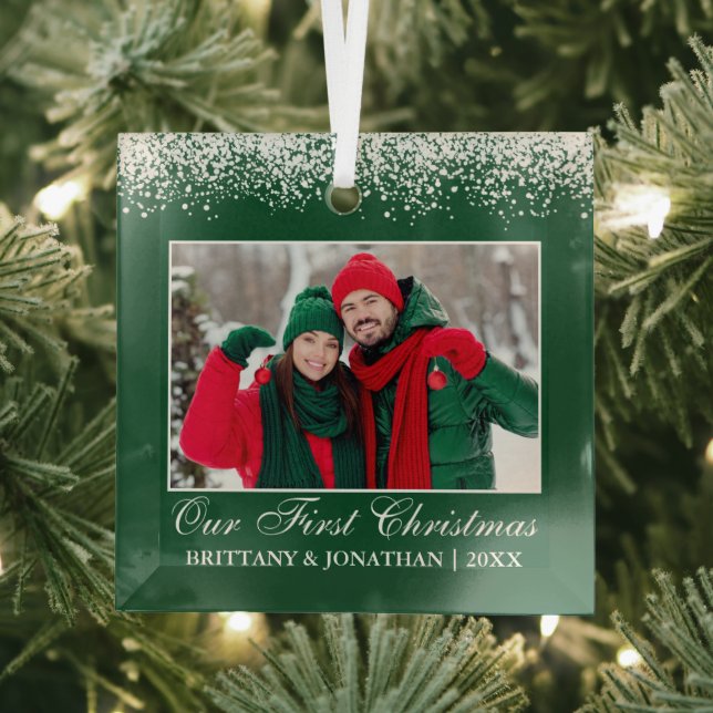 Snow Top Our First Christmas Couple Photo Green Glass Tree Decoration (Insitu)