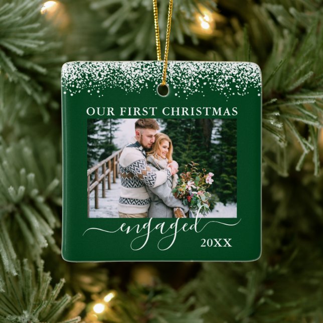 Snow Top Our First Christmas Engaged Photo Green Ceramic Ornament (Tree)