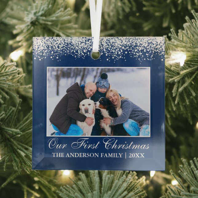 Snow Top Our First Christmas Family Photo Blue Glass Tree Decoration (Insitu)