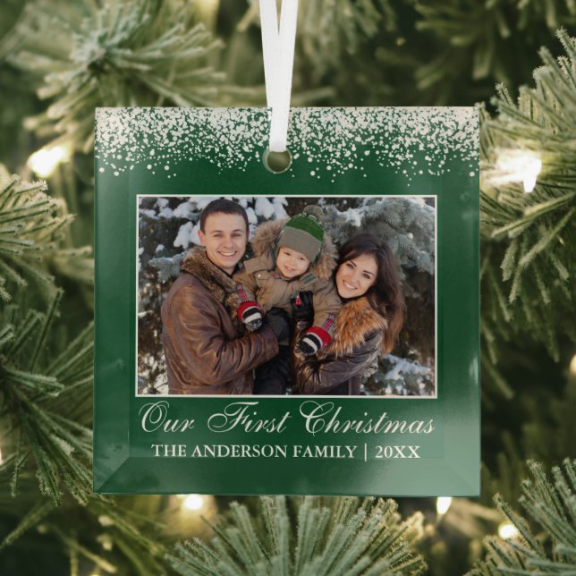 Snow Top Our First Christmas Family Photo Green Glass Tree Decoration (Insitu)