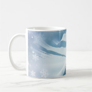 Snow topped roof in a forest coffee mug