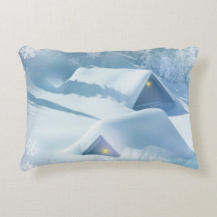 Snow topped roof in a forest decorative cushion