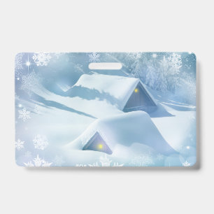 Snow topped roof in a forest ID badge