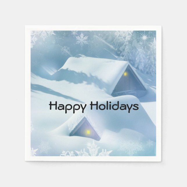 Snow topped roof in a forest napkin (Front)