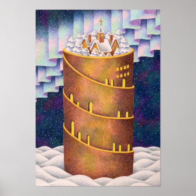 Snow tower beneath the aurora. poster (Front)