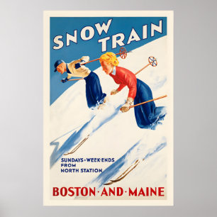 Snow Trains Skiing Boston and Maine Vintage Ski Poster